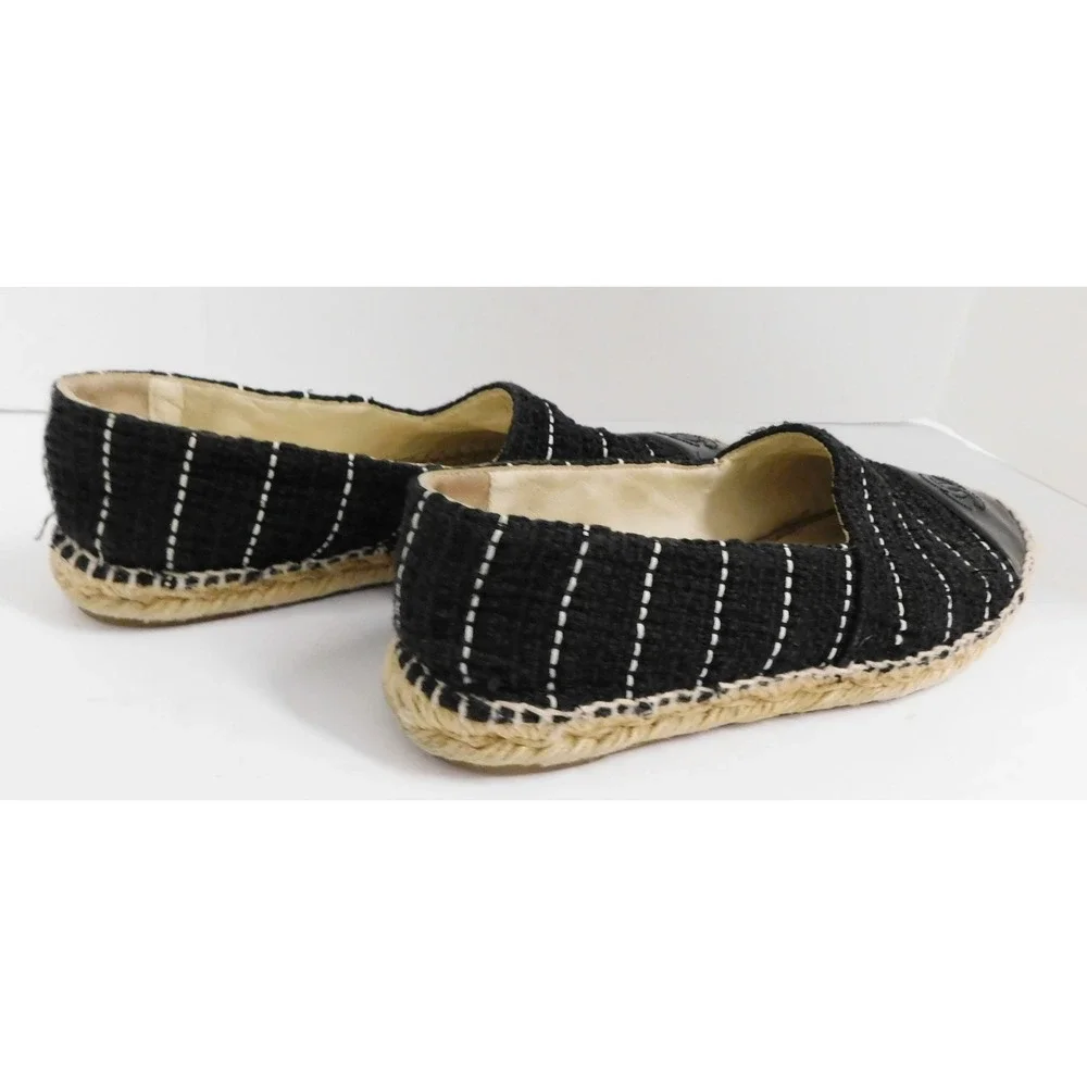 Chanel Black/White Striped Tweed Patent‎ CC Cap Toe Espadrille Loafer Flat sz 37